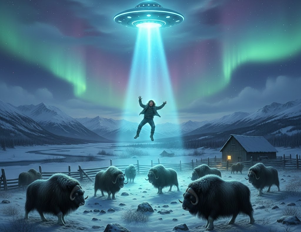 An AI generated depiction of a man being abducted by aliens while on a musk ox farm in Alaska.